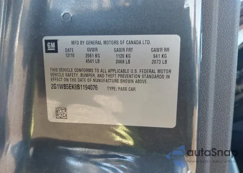 2011 Chevrolet Impala Lt из США, поврежденный, VIN 2G1WB5EK8B1194076